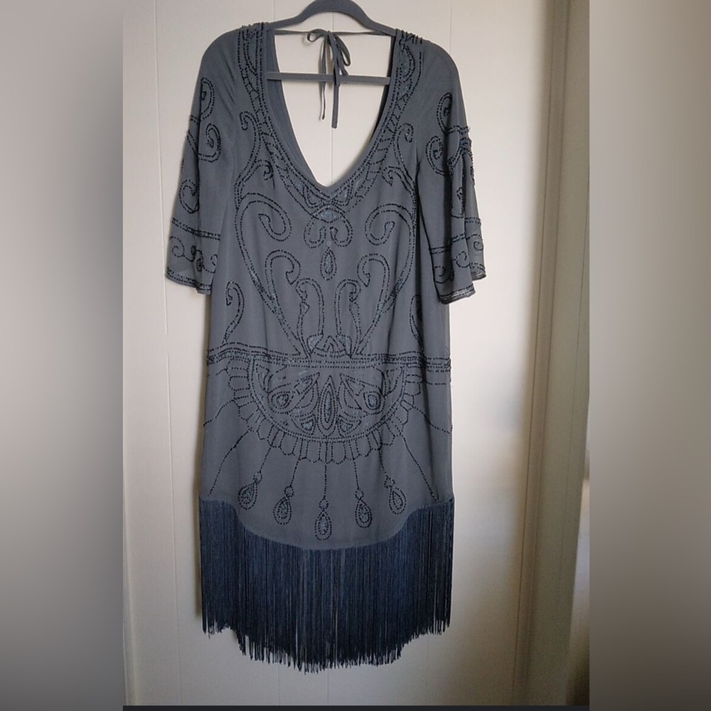 FREE PEOPLE CELESTIAL BEADED FRINGE FLAPPER BOHO V NECK DRESS WOMEN’S Sz M - Picture 8 of 16